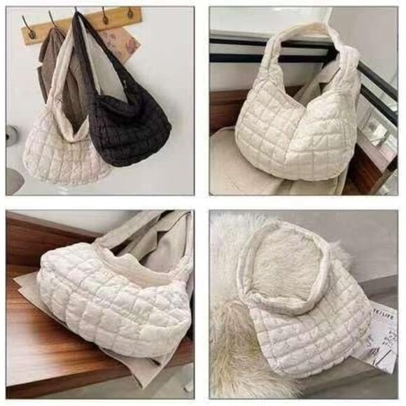 Women's White Lightweight Cotton Puffy Quilted Hobo Bag Retro Soft Shoulder Bag - Picture 6 of 7